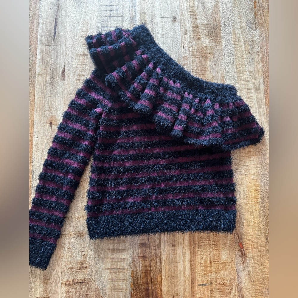 Wayf Off Shoulder knit fuzzy COTTON blend Sweater - Black and Purple Stripes NWT